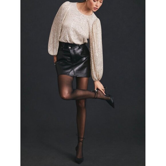 Anthropologie Flat White Sequin Long-Sleeve Top Size L Petite Keyhole Back - Picture 6 of 9